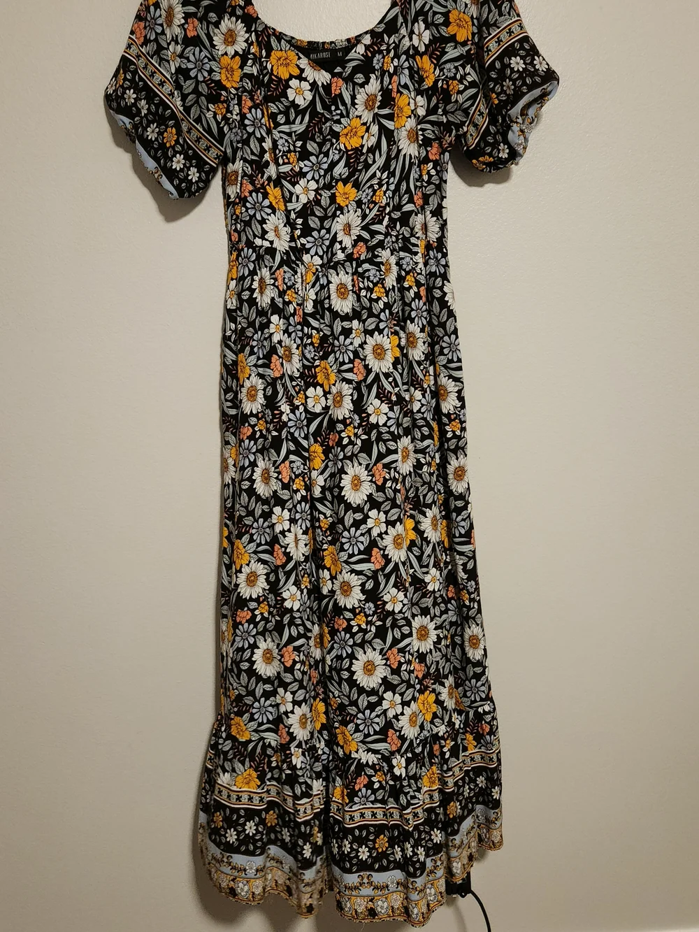 Black Floral Maxi Dress with Yellow & White Daisies Size Medium Mikarose - Picture 5 of 8